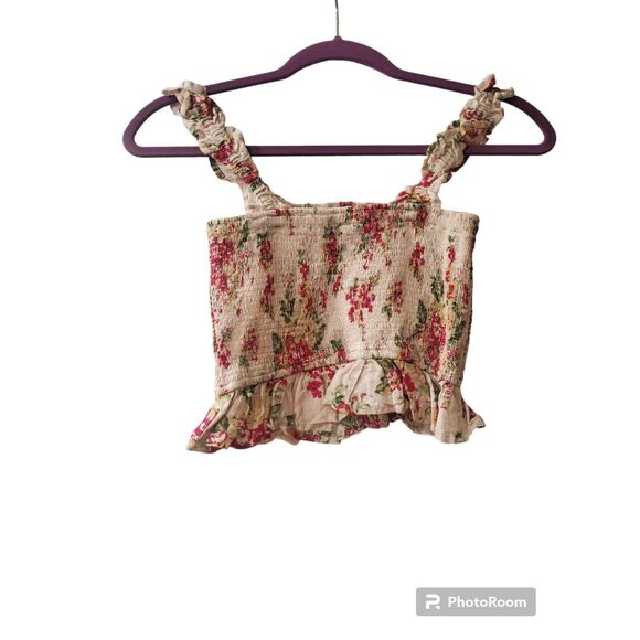LULUS Tan Floral Ruffle Crop Top XS - Picture 3 of 3